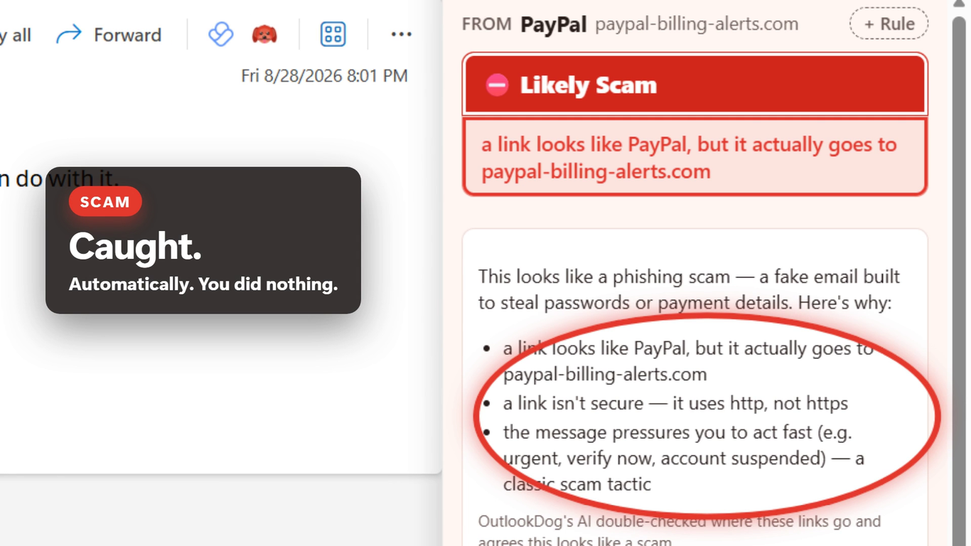 The OutlookDog pane flagging a likely scam email, with the red flags explained in plain English